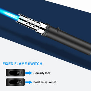 Black pen torch lighter with a blue jet flame and close-ups of its lock switch and fixed-flame switch