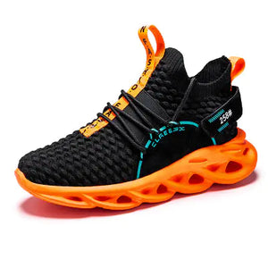 Black knit-style TrailHawk shoe with an orange sole and orange pull tabs