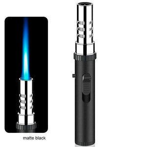 Matte black pen torch lighter with chrome tip, next to an inset of its blue jet flame